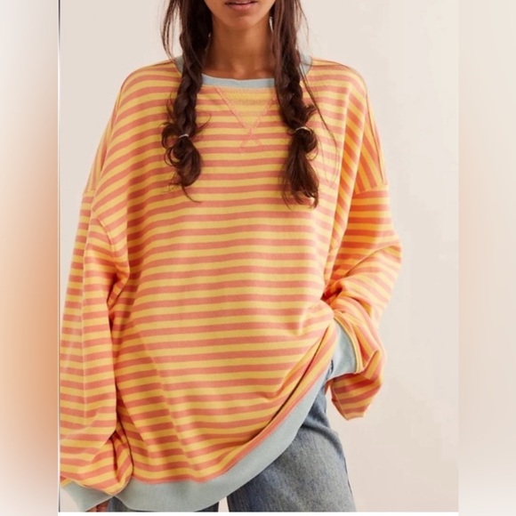 Free People Classic Striped Oversized Crewneck NWOT. Dandelion combo - Picture 2 of 4